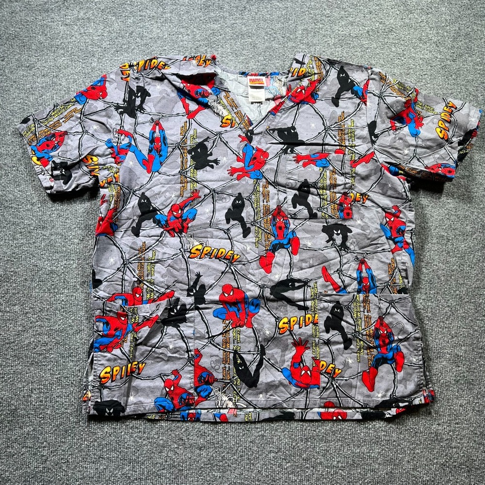 Marvel Comics Spider-Man Medical Scrub Top Mens Large Gray Print V-Neck 6876C